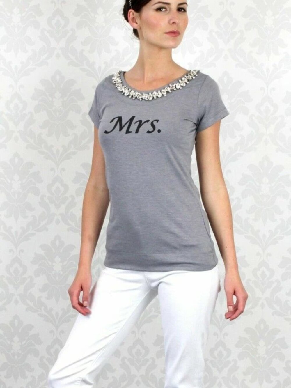 MRS Bride TShirt Hers GREY Honeymoon Top Bridal Shower Swarovski Crystal NEW